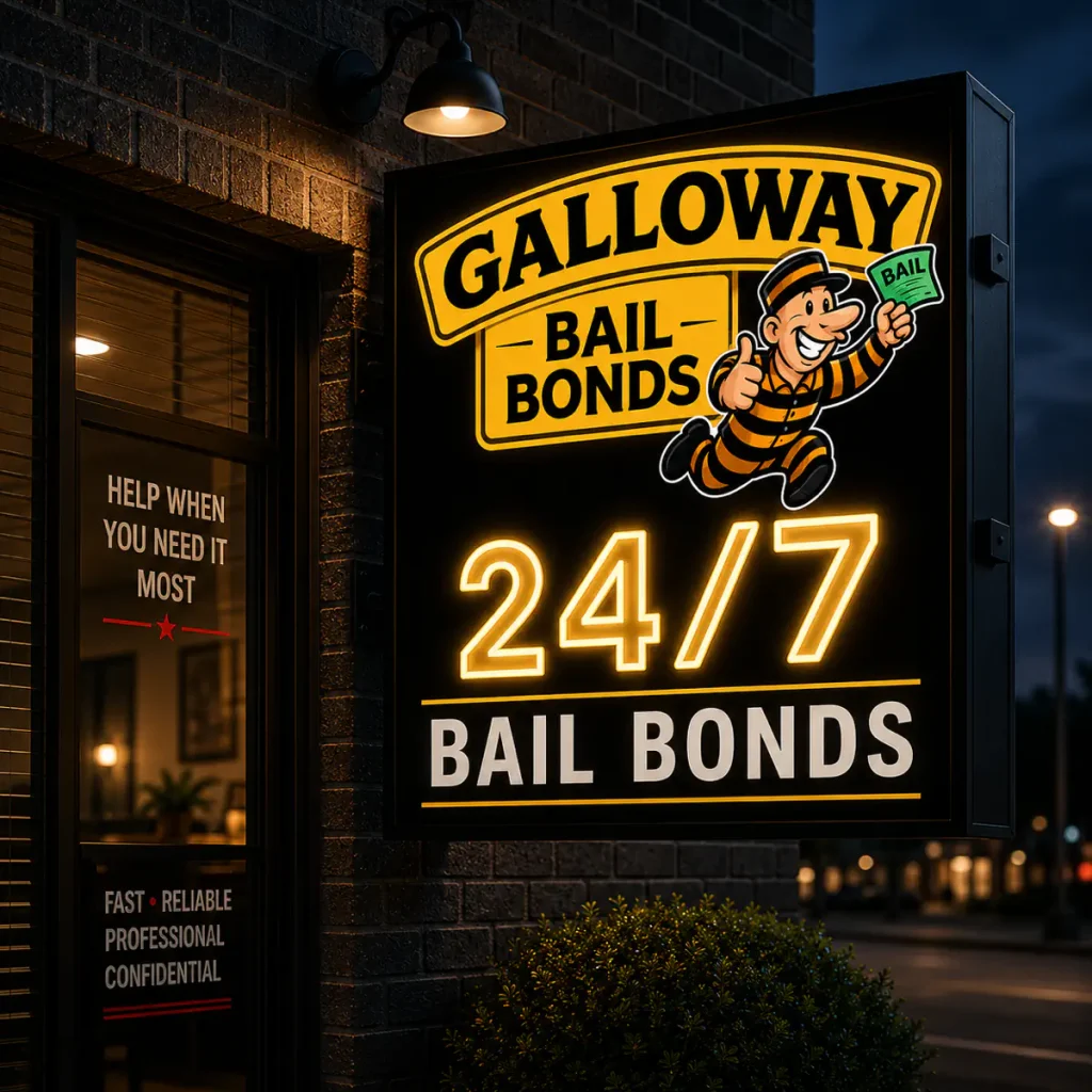 Galloway Bail Bonds illuminated storefront sign at night