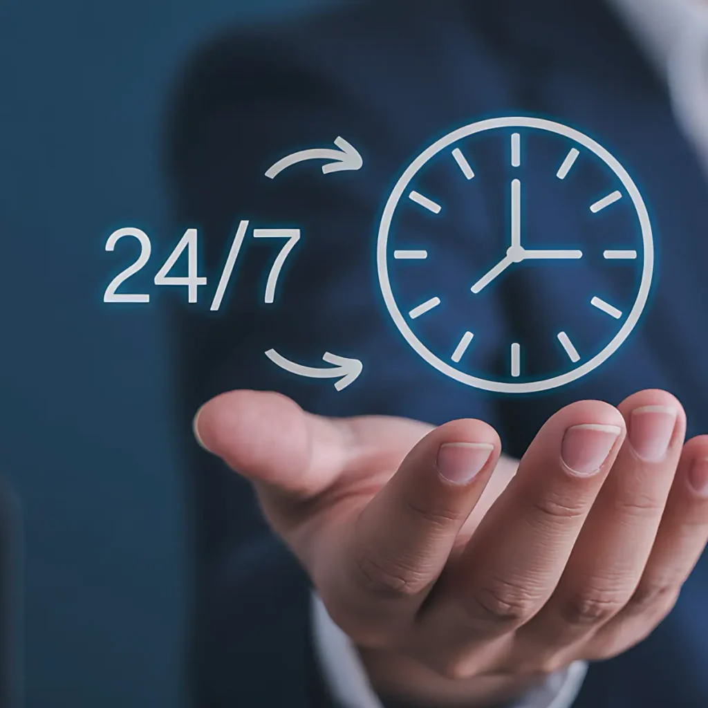 Businessman holding virtual 24/7 clock icon with arrows