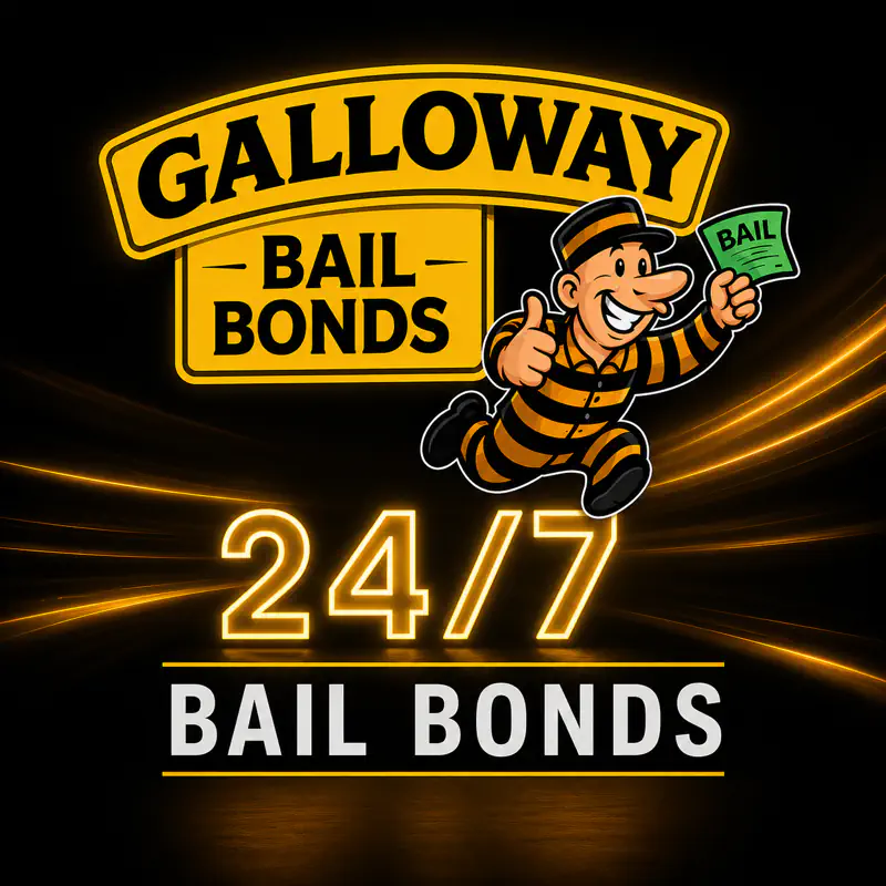 Galloway Bail Bonds 24/7 service advertisement with cartoon prisoner mascot