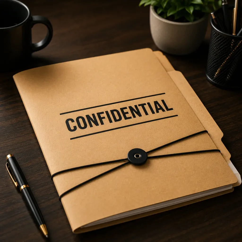 Confidential manila folder secured with string on desk