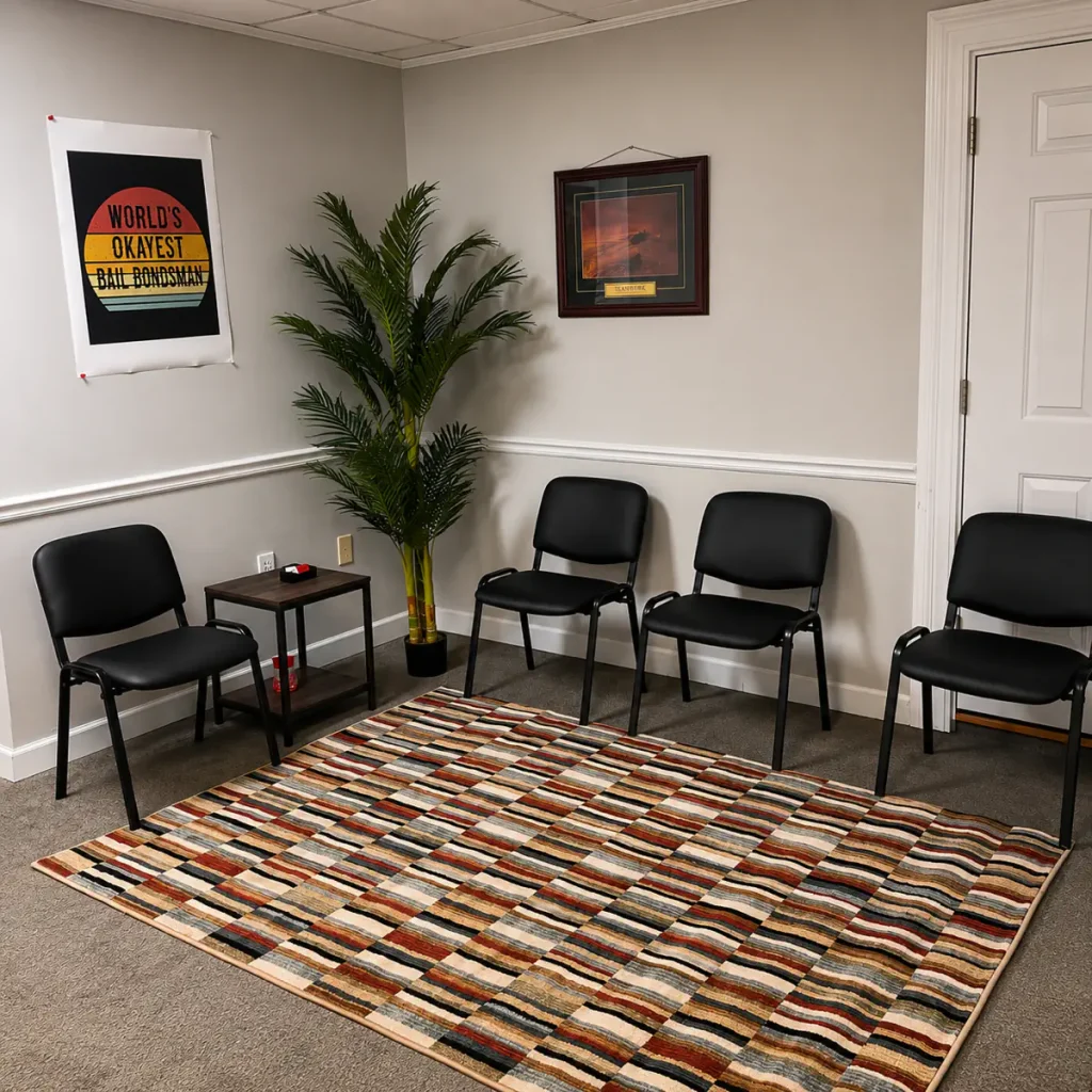 Bail bondsman office waiting room with black chairs and rug