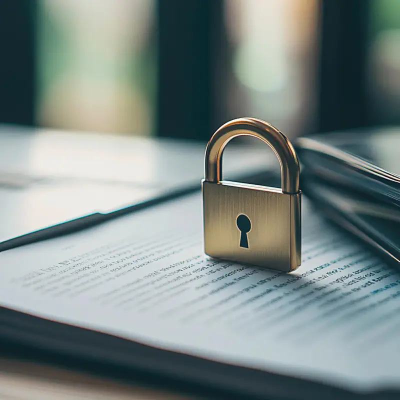 Gold padlock resting on open legal document