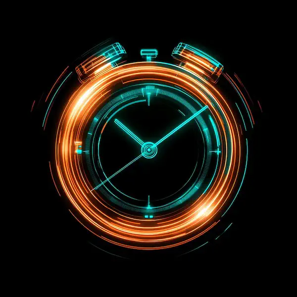 Futuristic neon glowing alarm clock on black background