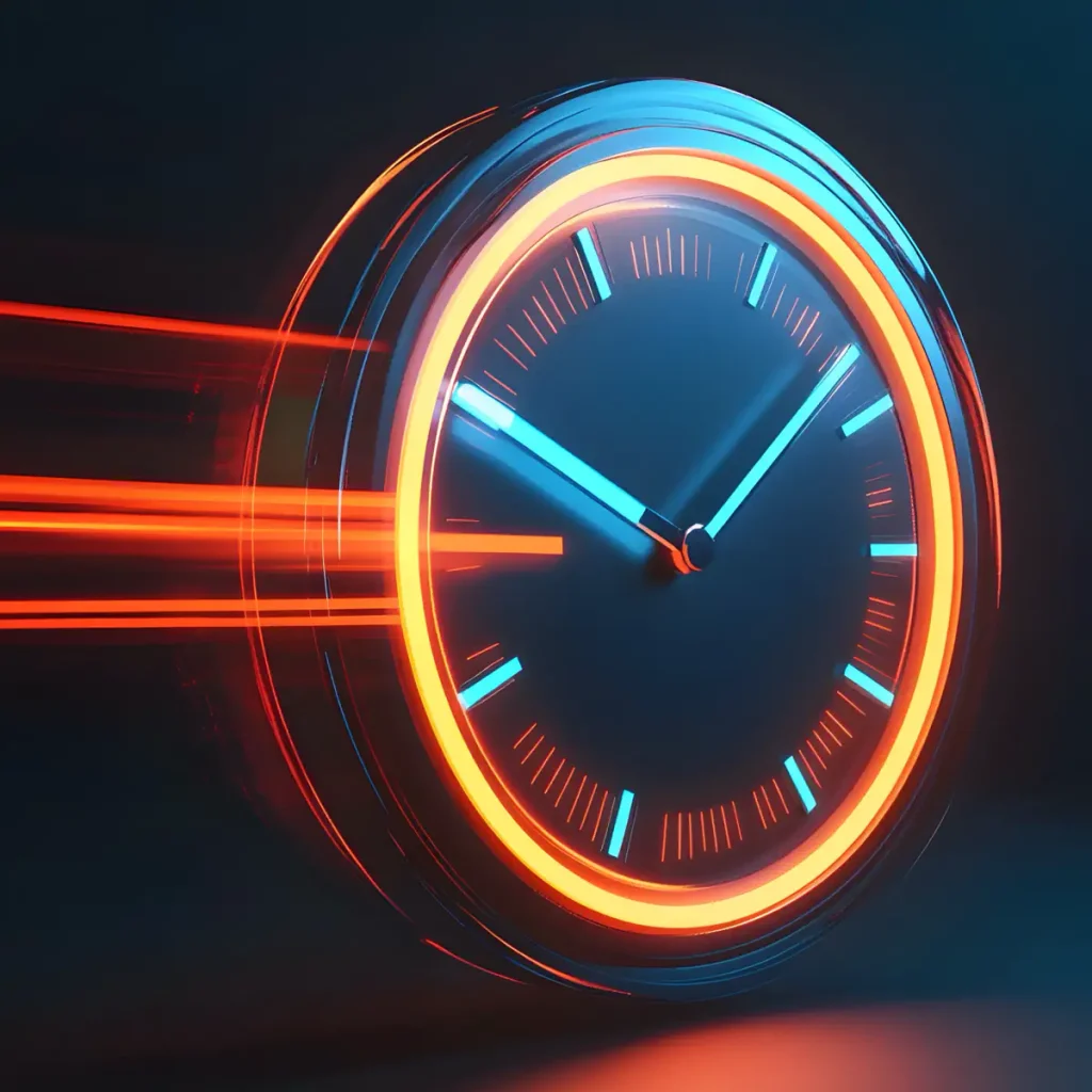 Futuristic neon glowing clock with speed light trails