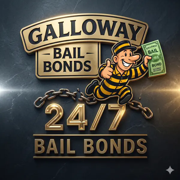Galloway Bail Bonds 24/7 service logo with cartoon mascot
