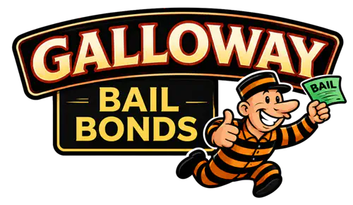 Galloway Bail Bonds logo with cartoon prisoner mascot