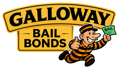 Galloway Bail Bonds logo with cartoon prisoner mascot