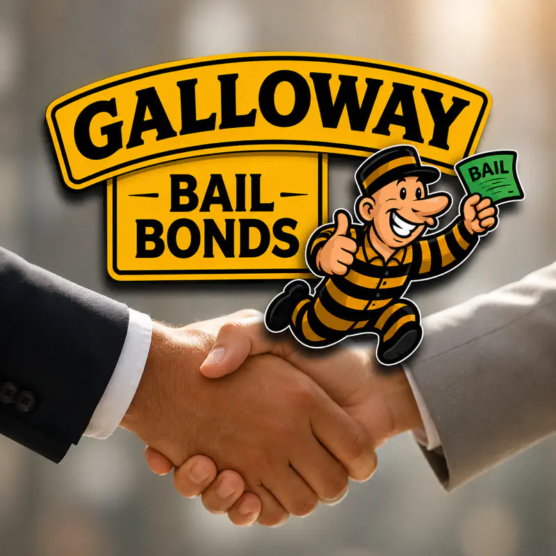 Galloway Bail Bonds logo with handshake and cartoon prisoner mascot