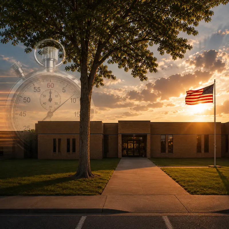 School building at sunset with stopwatch overlay and American flag