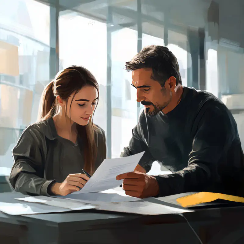 Two colleagues reviewing documents together at a desk