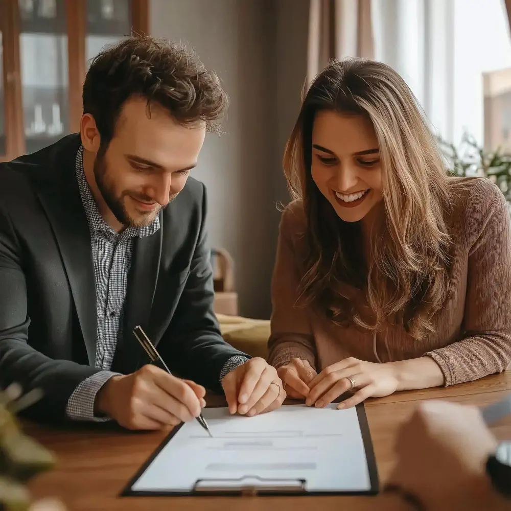 Happy couple signing an important document together