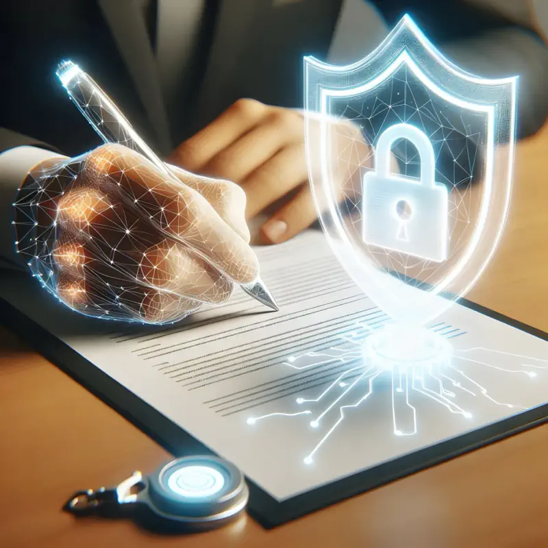 Digital security shield and lock over contract signing