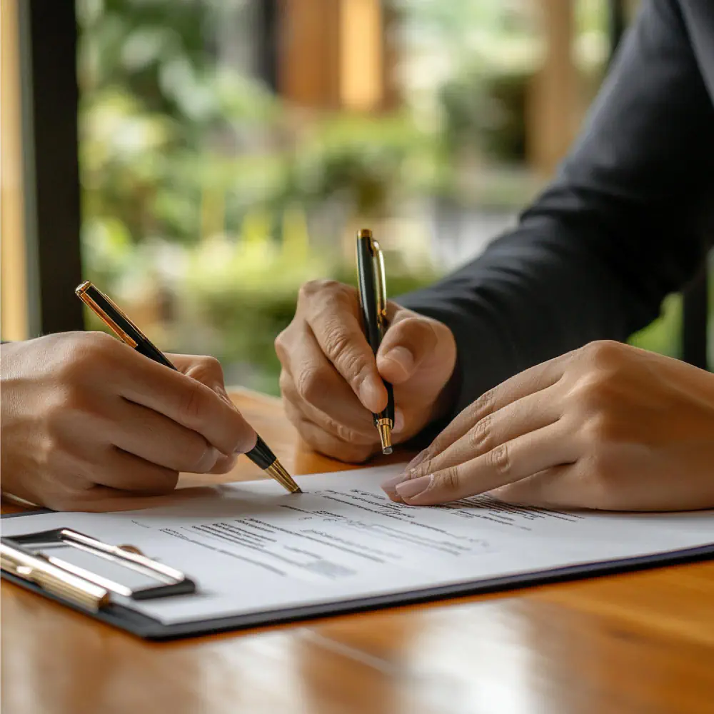 Two people signing a document on a clipboard